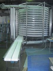 Спиральные конвейер СК (300-1500 кг/час) - для шоковой заморозки и охлаждения практически любых полуфабрикатов: пельмени, котлеты, блинчики, морепродукты. Отличительная особенность аппарата – это малые габариты, компактность, заморозка без механического воздействия